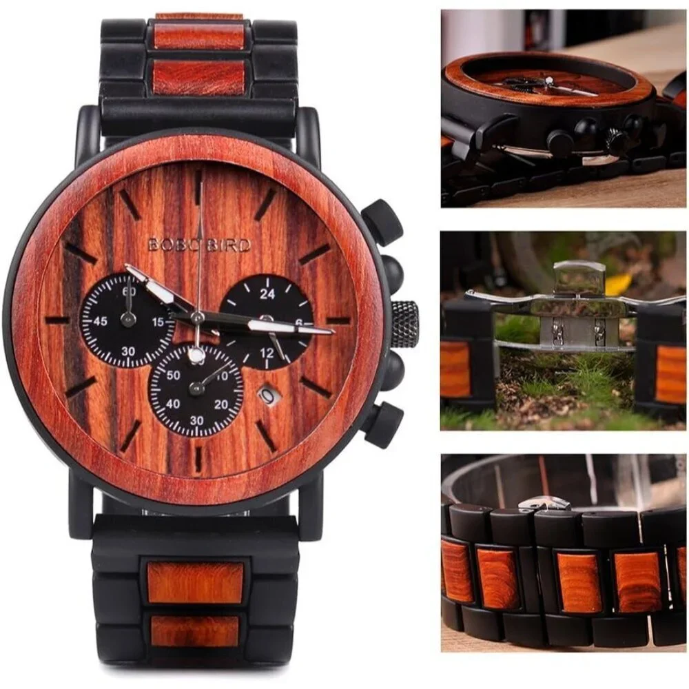 Men's Red Wood Stainless Steel Combined Chronograph Military Quartz Watches